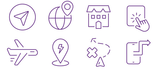 Collection of modern navigation and travel icons representing journeys and destinations