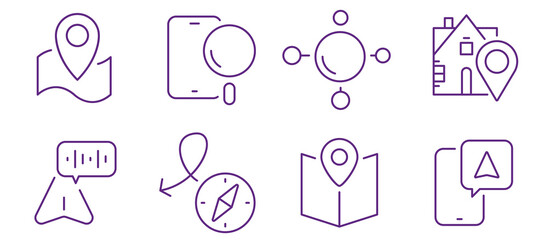 Digital navigation and location services icons for travel and exploration