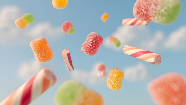 Delicious gummy candy sweets candies sugar colorful jelly confectionery dessert background treat food sky - Powered by Adobe