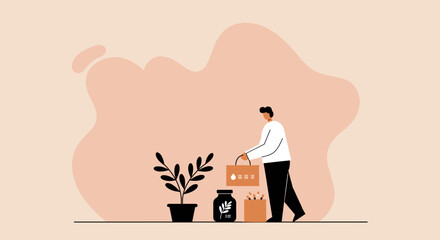 Man holding a shopping bag with natural health products, symbolizing wellness, self-care, and sustainable lifestyle choices.