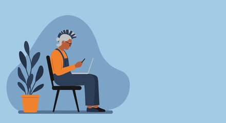 An elderly person with a modern hairstyle sits, engaged with a smartphone and laptop. Represents senior tech use, online learning, or digital lifestyle.