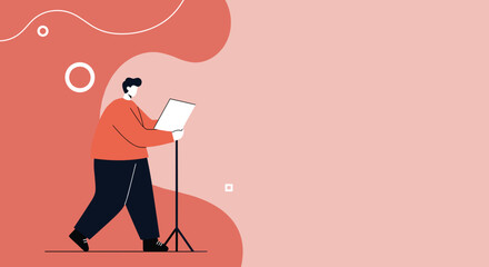 Man presenting or reading from a stand in a modern, abstract setting, perfect for concepts of education, public speaking, or artistic performance.