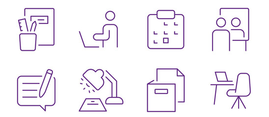 Collection of simple icons representing work, planning, and communication for business or education.
