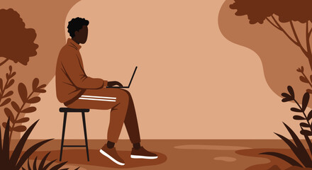 Man working on laptop outdoors in a serene, earthy-toned landscape. Represents remote work, digital lifestyle, and natural connectivity.