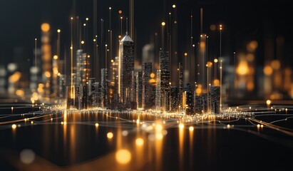 Glowing city skyline made from data connections and digital information with light effect background in black and gold, symbolizing futuristic urban technology