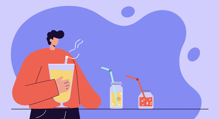 Person enjoying a refreshing juice, with other fruit drinks, perfect for illustrating healthy habits and refreshment.