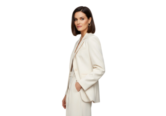 Woman in a cream suit with hand in pocket posing on transparent background