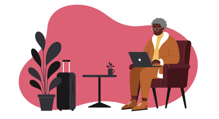 Senior Black woman comfortably using a laptop in a lounge setting with luggage, symbolizing remote work, travel, and modern connectivity.