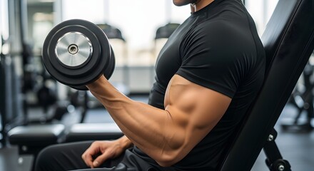 cropped shot of fitness man doing concentration curls exercise working out with dumbbell in gym. Weight training concept