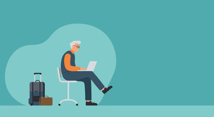 Elderly man working remotely on his laptop while traveling, embodying modern senior lifestyle, digital connection, and freedom to work from anywhere.