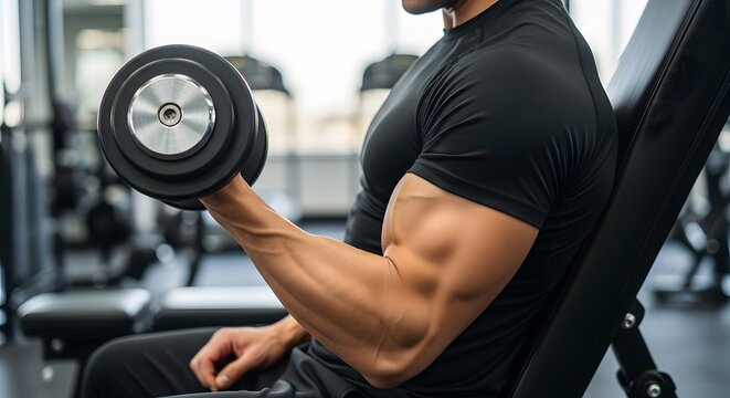 cropped shot of fitness man doing concentration curls exercise working out with dumbbell in gym. Weight training concept
