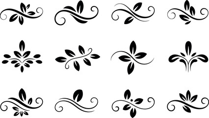 Elegant Black Floral Swirls:  Ornate Leaf Design Elements Set