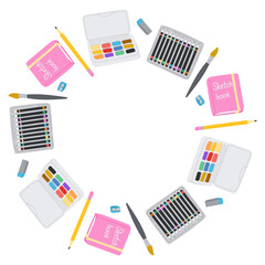 Fototapeta premium Art supplies arranged in a circular frame with sketchbooks, pencils, brushes, watercolor sets, and sharpeners. Concept of creativity, artistic tools, and design workspace with copy space