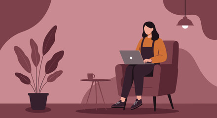 Young woman works comfortably from home on laptop, illustrating remote work, freelance, and modern lifestyle concepts.