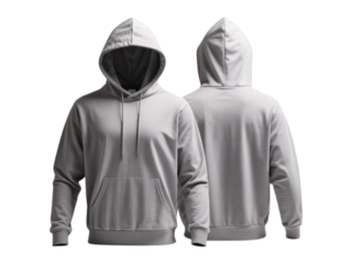 Two grey hooded sweatshirts, front and back views, isolated on black