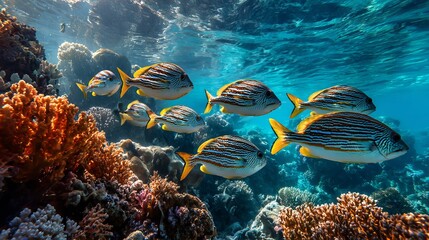 Fototapeta premium Vibrant school of striped fish swims through sunlit coral reef in clear turquoise ocean water
