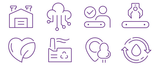 Modern icons symbolize industry, technology, environment, and location