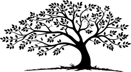 A black silhouette of a leafy tree with a thick trunk stands against a white background.
