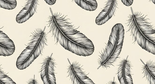 Elegant Feather Pattern Detailed Engraving Style on Cream Background Artistic Texture. - Powered by Adobe