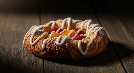 Delicious fruit danish pastry with powdered sugar and sweet icing drizzle