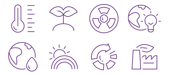 Environmental icons representing climate change, growth, and sustainability solutions.