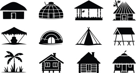 Collection of diverse traditional hut and shelter silhouettes