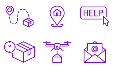 Modern delivery service icons featuring package tracking, location, help, time, drone, and email.