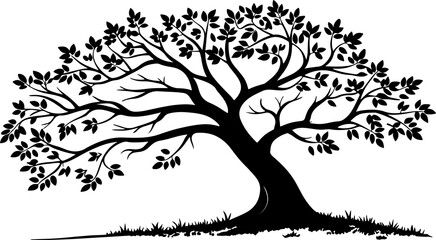 A stylized silhouette of a tree with bare branches and sparse leaves stands on a mound.
