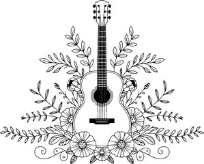 Acoustic Guitar Floral Line Art | Elegant Music & Nature Illustration
