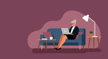 Mature professional woman working remotely from home on laptop. Ideal for concepts of freelancing, online business, and digital work.