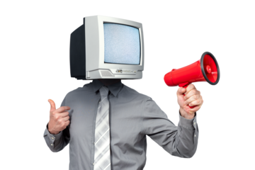 Conceptual collage showing man with CRT television as head and red megaphone. Symbol of propaganda, truth manipulation and broadcast lies. PNG with transparent background.