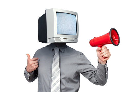 Conceptual collage showing man with CRT television as head and red megaphone. Symbol of propaganda, truth manipulation and broadcast lies. PNG with transparent background.