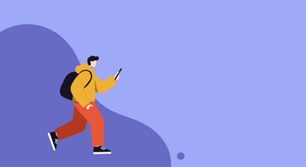Minimalist illustration of a person with a backpack walking and using a smartphone, symbolizing travel, navigation, or urban exploration.