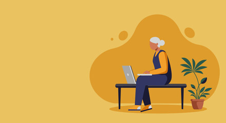 Senior woman confidently using a laptop on a bench, symbolizing modern living, remote work, and digital literacy in older age. Ideal for technology, lifestyle, and education concepts.