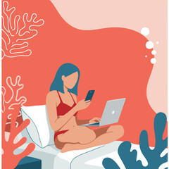 Woman in swimwear uses phone and laptop in a relaxed, vibrant setting. Depicts digital nomad, remote work, or vacation connectivity.