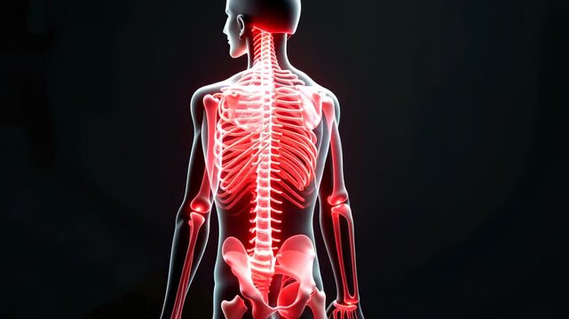 Spine, spinal health, back pain. Spinal anatomy. Vertebrae align perfectly in adults. Disc cushion prevents bone scraping. 3D medical render of lumbar structure. Ligament tension supports upright