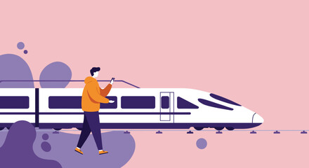 Modern traveler uses smartphone while walking beside a sleek high-speed train, illustrating connectivity and efficient urban transit for business or leisure.