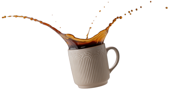 Spilled brown liquid sprays from a beige textured mug against black