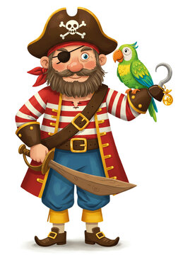 Illustration of pirate captain with parrot, sword and hook for children's products or books