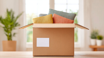 A cardboard box filled with colorful cushions and blankets, placed on a table against a blurred living room backdrop, featuring an empty label for text.