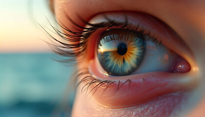 Fototapeta premium close up of female eye, blue, A close-up of a human eye with intricate blue-green iris and long lashes, softly lit, HD and 4k image