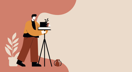 Modern male content creator filming at home, possibly for online education or social media. Ideal for digital media, work-from-home, or creative concepts.