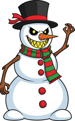 Evil snowman cartoon, scary winter character, sharp teeth, carrot nose, top hat, striped scarf, vector illustration, creepy holiday mascot
