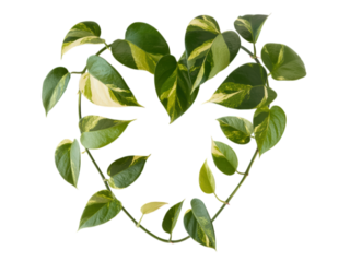 Golden pothos vine with variegated leaves, arching in a heart-like shape
