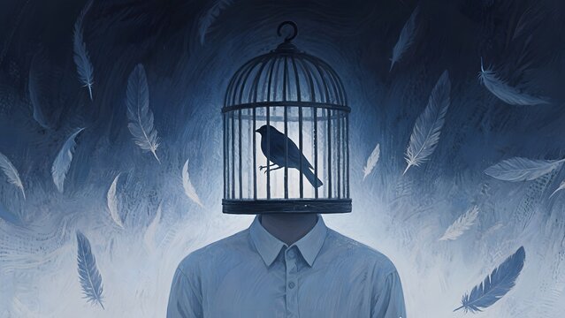 depression psychology abstract art, thoughts trapped in a cage, unable to develop