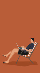 Person relaxed in a deck chair using a laptop, symbolizing remote work, digital nomad lifestyle, and leisure with technology. Ideal for concepts of freedom and productivity.
