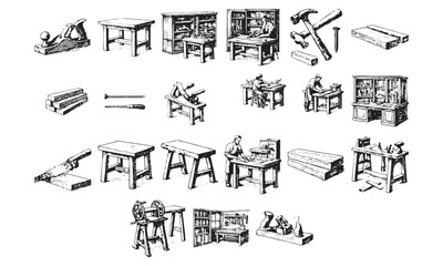 Obraz premium Vintage Woodworking Tools and Workshop Equipment Illustration Set