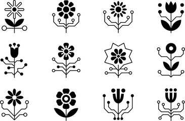 Modern Floral Tech Icons:  Abstract Black and White Botanical Designs