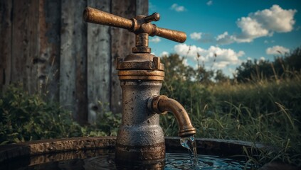 Fototapeta premium a hand-operated water pump with a metallic body and a long handle, set against a rustic wooden background, with a few droplets of water splashed around the base, featuring a shiny brass spout and a ro