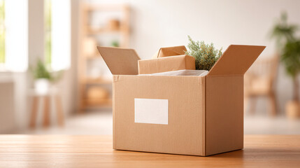 A cardboard box placed on a table against a blurred living room backdrop, featuring an empty label for text.